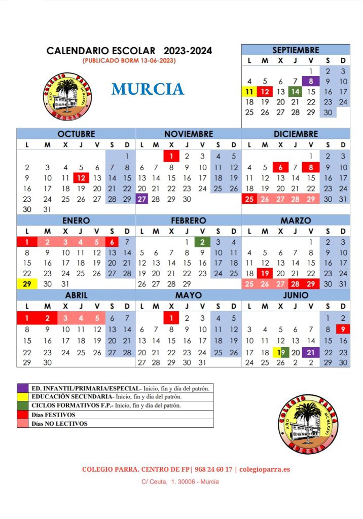 Calendario escolar de Murcia Colegio Parra